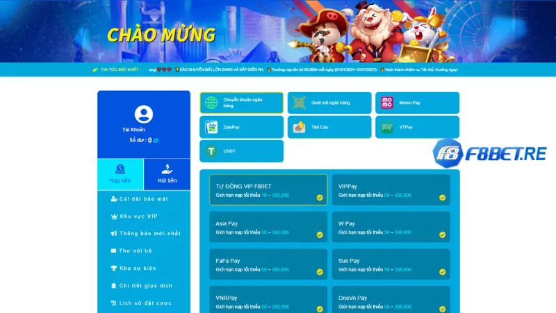 Cách nạp và rút tiền tại F8Bet nhanh chóng, tiện lợi